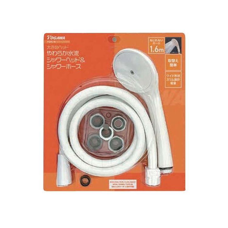 ●大き目ヘッド。【商品情報】●細い水流でやわらかな肌あたり。●材質:【シャワーホース部】シャワーホース/塩化ビニル樹脂、混合栓継手/ABS樹脂・ポリアセタール・黄銅、シャワーヘッド接続継手/ABS樹脂・ポリアセタール・黄銅、パッキン/ニトリルゴム、シャワーアダプター/ポリアセタール【シャワーヘッド部】シャワーヘッド/ABS樹脂、シャワー盤/ポリアセタール、パッキン/ニトリルゴム、ビス/ステンレス鋼【アダプター】アダプター/ポリアセタール、パッキン/ニトリルゴム●最高使用温度:60℃ 使用水圧:0.05MPa(流動圧)~ 0.3MPa(静水圧)●ホース内径:11mm●継手ネジ部規格:G1/2(外径約21mm)●付属品:アダプター5種【代引きについて】こちらの商品は、代引きでの出荷は受け付けておりません。【送料について】北海道、沖縄、離島は送料を頂きます。