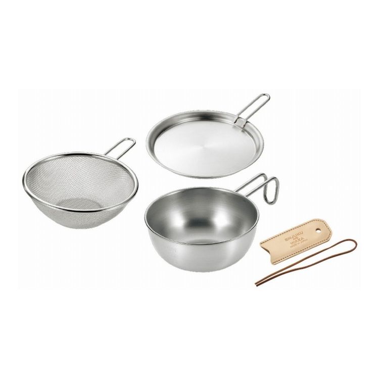 よこやま シェラカップ・ボウル15cm&手付きザル・蓋トレー・レザーカバー付き EJSB-650(代引不可)【送..