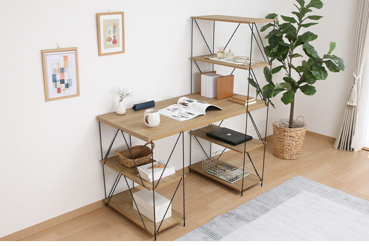 ワイヤーデスク ラック付き 幅122cm 勉強机 棚付き パソコンデスク オープンラック 作業机 本棚 ラック デスク 作業台 木目調 リビング ワンルーム オフィス リモートワーク(代引不可)【送料無料】 [2]