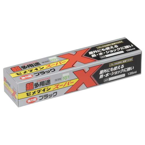 【用途】金属、プラスチック、ゴム、石、木、紙、皮革などの接着。【機能・特徴】屋外でも使え、熱・水・ショックに強い弾性接着剤です。安心の完全無溶剤、100パーセント固形分なので凹凸への接着も可能です。ゴム系接着剤と同じ仮止め不要の簡単接着です。靴やバック・自転車部品の接着に適したブラックです。【仕様】●内容量：135mL。●色：黒。●耐熱性：-60度〜120度。●無溶剤。●ホルムアルデヒド放散等級区分：Fフォースター(JAIA)。●4VOC基準適合(JAIA)。【送料について】北海道、沖縄、離島は送料を頂きます。【ご注意！！】メーカー取寄せ商品の為、ご注文頂いたタイミングによってはご用意が出来ない場合もございます。予めご了承の程お願い致します。