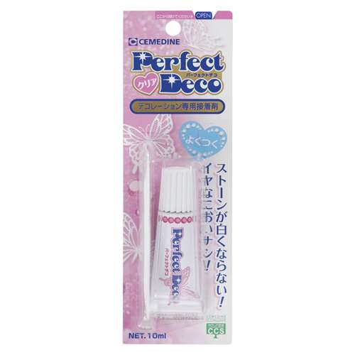 【用途】デコレーション専用接着剤。【機能・特徴】有機溶剤不使用なので嫌な臭いがせず、プラスチックを溶かしません。固まるまでの時間に余裕があり、ストーンを並べた後の微調整もできます。水・熱・衝撃に強いので、日常使いのデコにピッタリです。繰り返し使用しても、破れにくいラミネートチューブを採用しました。【仕様】●内容量：10mL。●色：クリア。●無溶剤。【送料について】北海道、沖縄、離島は送料を頂きます。【ご注意！！】メーカー取寄せ商品の為、ご注文頂いたタイミングによってはご用意が出来ない場合もございます。予めご了承の程お願い致します。