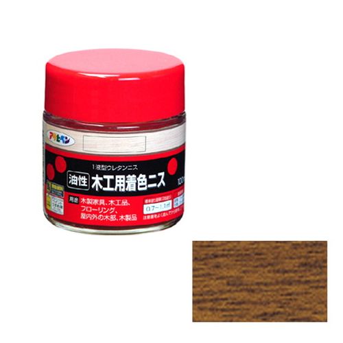 【用途】木製家具、木工品、フローリング、屋内外の木部、木製品への塗装。【機能・特徴】摩擦、衝撃に強く、耐久性に優れているので、木製家具、木工品、廊下、建物木部のニス仕上げに最適です。【仕様】●内容量：100mL。●色：ウォルナット。●標準塗り面積(2回塗り)：0.7〜1.1m2。●乾燥時間：夏期1〜2時間・冬期3〜6時間。●一般名：1液型ウレタン樹脂塗料。●消防法：第4類(引火性液体)・第二石油類・危険等級3・危険物含有量0.1L。●発火性・引火性の石油類の使用：有。【商品サイズ】幅65×高さ78×奥行65mm　重量260g【注意事項ほか】●塗料の粘度が高くて塗りにくい時は、ペイントうすめ液(5〜10パーセント以内)でうすめてください。●用具は、塗料が乾かないうちにペイントうすめ液で洗ってください。