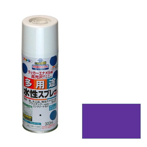 【用途】発泡スチロール、プラスチック、鉄、木、紙、ガラスの他、ホビー、クラフト等での塗装。【機能・特徴】油性塗料や、発泡スチロールに塗っても下地を侵さず、いろいろな素材に使用できます。乾燥前には水ぶきで落とせて、いったん乾くと日光や雨に強い塗膜が得られます。フロンを使用せず、消防法上の非危険物スプレーです。使用後、安心して捨てられるガス抜きキャップ付きです。鉛・クロム化合物を使用していない安全な塗料です。【仕様】●内容量：300mL。●色：パープル。●標準塗り面積：0.6〜1.0m2(2回塗り)。●乾燥時間：夏期40〜50分・冬期1〜2時間。●一般名：水溶性アクリル樹脂塗料。●消防法：非該当(消防法上の非危険物(指定可燃物))。【商品サイズ】幅60×高さ188×奥行60mm　重量350g