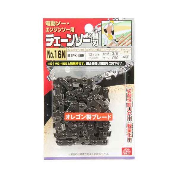 【商品特長】【用途】チェーンソー用の交換用替刃。【機能・特徴】旧製品91VGに比べ軽量化をはかり、さらに作業効率もアップしました。キックバックを防ぐバンパータイストラップを廃止し、さらに刃付け法を改良した事で切削性能が9％アップしました（91VGとの比較）。新設計のバンパードライブリンクによってキックバックを減少させ、米国安全基準のANSI・B175．1に合致してます。刃持ちが良く、お手入れも簡単なので長くお使いいただけます。山林作業や造園作業、趣味の木材加工に適してます。【仕様】●オレゴンチェーン規格：91PX−46E。●ガイドバーの長さ：12インチ（約30cm）。●ピッチ：3／8・ゲージ：．050。●ドライブリンクコマ数：46E。●ブルースチール加工。【材質】●鉄鋼材。【商品サイズ】幅300×高さ70×奥行7mm　重量149g■商品コード:4977292386883■JANコード:4977292386883■ブランド名:SK11■商品名:オレゴンチェンソー替刃No.16N■規格:91PX-46E【送料について】北海道、沖縄、離島は送料を頂きます。