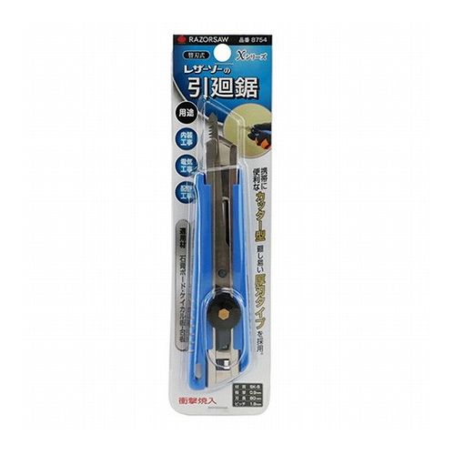 【商品説明】携帯に便利なカッター型の引廻鋸です。【用途】電気工事・内装工事・配管工事用鋸。【機能・特徴】廻しやすい厚刃タイプです。石膏ボード・ケイカル板・合板などへの作業に最適です。替刃式ですので切れなくなったら刃を交換でき、経済的です。【仕様】●刃長：80mm。●ピッチ：1.9mm。●板厚：0.9mm。●衝撃焼入。●適用材：石膏ボード・ケイカル板・合板。【材質】●刃：SK-5。【商品詳細】■商品コード：4903524310678■JANコード：4903524310678■ブランド名：玉鳥■商品名：レザーソーー引廻鋸ー本体■規格：8754【注意事項ほか】●使用用途以外では使用しないでください。●鋸刃がしっかり固定されている状態で使用して下さい。●作業時には、手袋、安全メガネなどの保護具を着用してください。●刃先は鋭利に仕上げておりますので、取り扱いには十分に注意してください。替刃交換の際には、できるだけ、刃先を触らないようにご注意ください。●替刃は、必ず指定のものをご使用ください。【特長】玉鳥、レザーソーー引廻鋸ー本体、8754、DIYツール、大工道具、鋸、玉鳥【送料について】北海道、沖縄、離島は送料を頂きます。