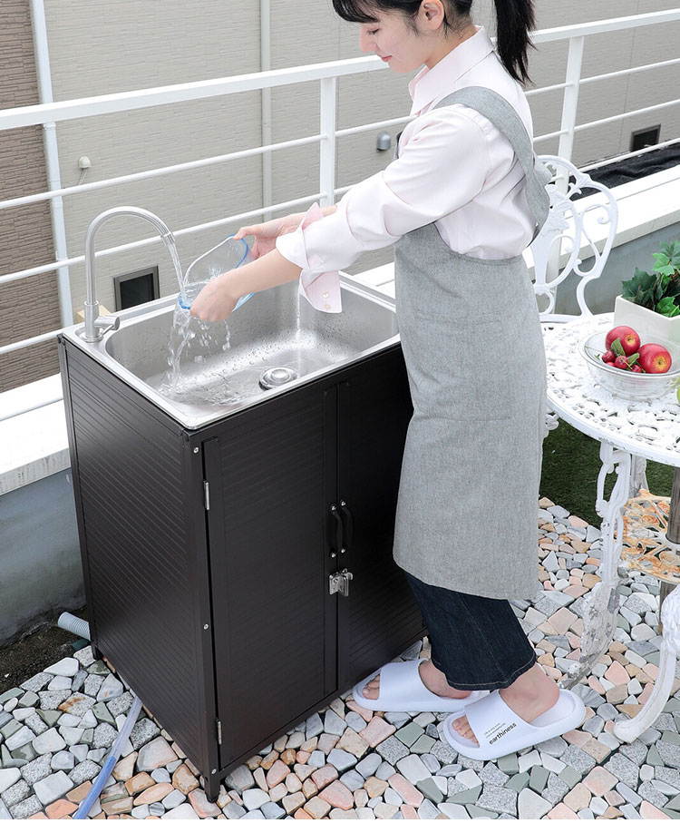 ステンレス流し台 シンク アルミ収納庫付き 水栓蛇口 流し台 頑丈 丈夫 ガーデンシンク 屋外 洗濯 汚れ 泥落とし 収納 両扉付き キッチン収納 ガーデン収納(代引不可)【送料無料】 2
