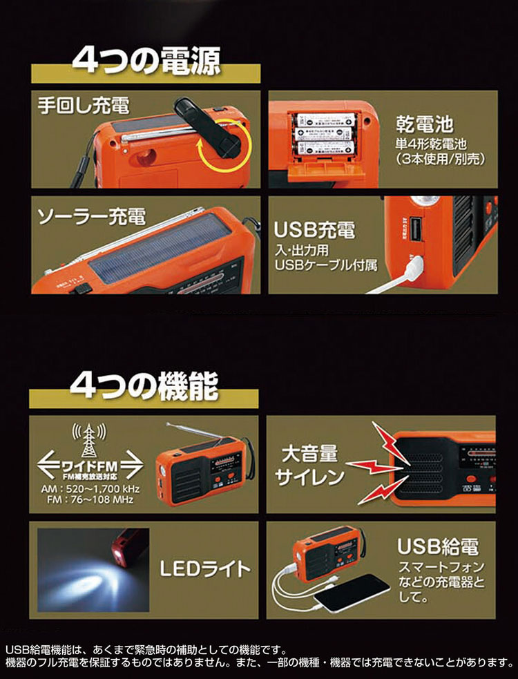 マルチラジオ ワイドFM対応 ライト付き モバイル充電器 ソーラー充電 手回し充電 防災 非常用 自然災害 災害対策 USB充電 乾電池 発電機 充電器 ラジオ LEDライト アウトドア(代引不可)【送料無料】 rcmdva-14180552 リコメン堂ホームライフ館 サンプル画像3