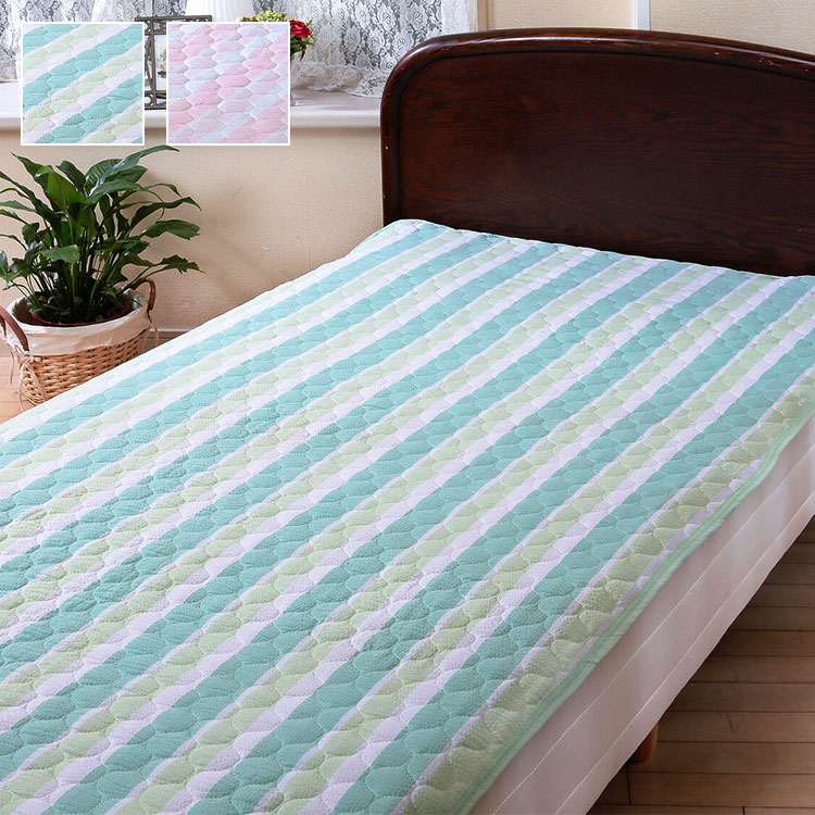 敷パッド ダブル 吸湿 速乾 しじら織 ストライプ ピンク グリーン 吸水 手洗いOK シングルサイズ 敷きマット 敷きパッド ベッドシーツ ゴムバンド付(代引不可)【送料無料】
