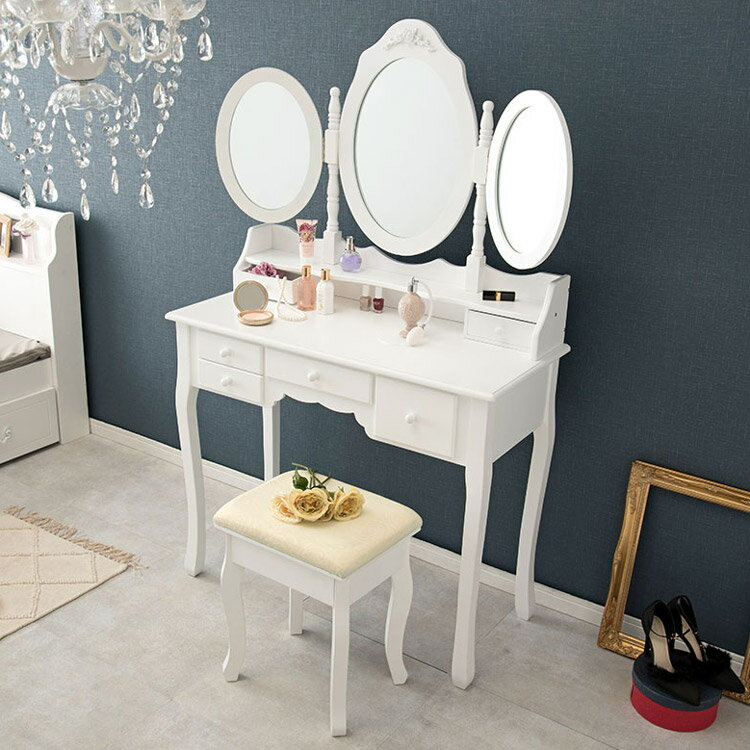 ドレッサー 三面鏡タイプ 幅90cm スツール付き オーバル 丸形 可愛い かわいい 姫系 おしゃれ 白 ホワイト 収納 椅子 チェア スツール セット エレガ...