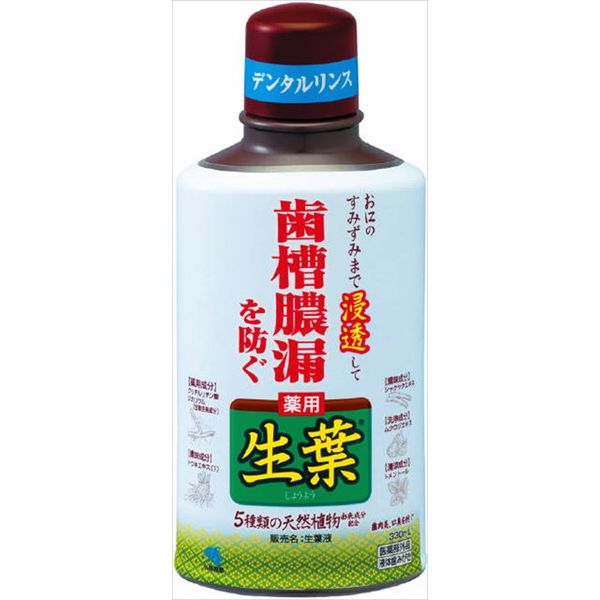 ■商品特徴5種類の天然由来の成分配合、歯槽膿漏、歯肉炎を予防します。ヒノキチオール（ヒバ含有合成成分）、グリチルリチン酸ジカリウム（甘草由来成分）配合。トウキエキス（1）、シャクヤクエキス（ひきしめ成分）配合。さわやかなハーブミント味。※本剤は薄黄色の透明な液体です■メーカー名小林製薬■商品区分医薬部外品■容量330ML■素材・成分溶剤　精製水、エタノール　　湿潤剤　濃グリセリン　　可溶剤　ポリオキシエチレン硬化ヒマシ油　　安定剤　2−アルキル−N−カルボキシメチル−N−ヒドロキシエチルイミダゾリニウムベタイン、エデト酸二ナトリウム、グリチルレチン酸ステアリル　　香味剤　香料（ハーブミントタイプ）　　薬用成分　グリチルリチン酸ジカリウム、ヒノキチオール　　収れん剤　トウキエキス（1）、シャクヤクエキス　　洗浄剤　ムクロジエキス　　防腐剤　パラベン　　清涼剤　l−メントール■製造国日本■個装サイズ76mm×54mm×178mm■本体重量379.3g【代引きについて】こちらの商品は、代引きでの出荷は受け付けておりません。【送料について】北海道、沖縄、離島は送料を頂きます。