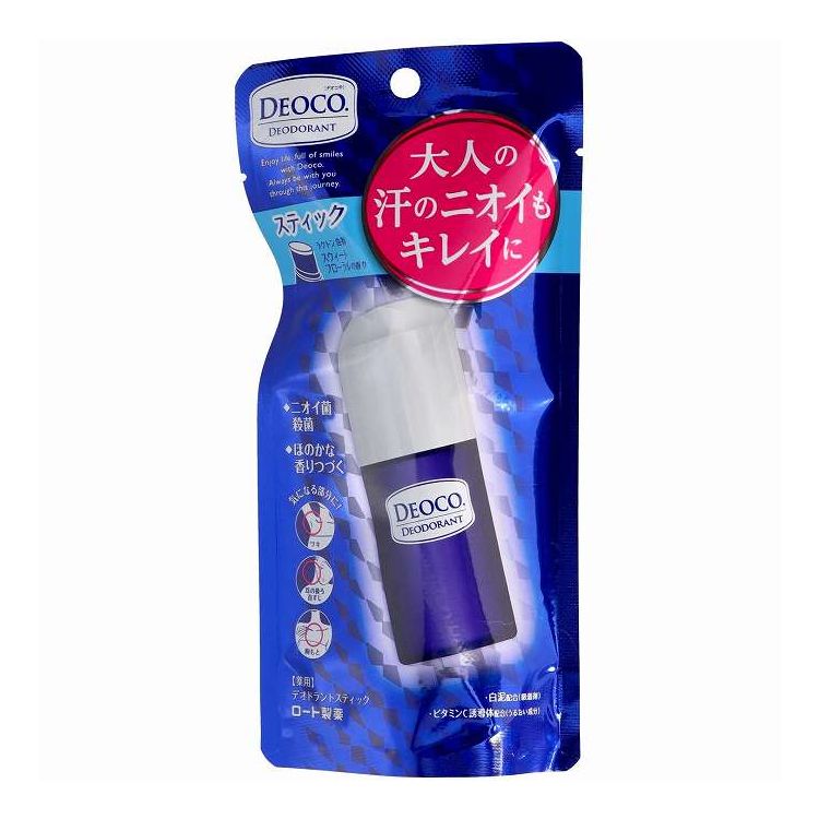 【商品詳細】デオコは、30代以降の女性の年齢とともに気になる体臭をケアするブランドとして、ファンを増やしています。長時間しっかりニオイケアできる、直塗り制汗剤。スティック、ロールオン、好みで選べる、2種類の剤型。殺菌×制汗×若い女性の甘い香り！オトナ女性のためのこだわりの処方です。【成分】有効成分：イソプロピルメチルフェノール、クロルヒドロキシアルミニウムその他の成分：カオリン(白泥)、ビタミンCリン酸Mg、部分水添ホホバ油、シクロペンタシロキサン、メチルフェニルポリシロキサン、ポリエチレンワックス、無水ケイ酸、硬化油、オクチルドデカノール、BHT、臭化セチルトリメチルアンモニウム液、エタノール、香料(ラクトン含有香料)商品区分：医薬部外品製造国：日本メーカー名：ロート製薬内容量：13G【代引きについて】こちらの商品は、代引きでの出荷は受け付けておりません。【送料について】北海道、沖縄、離島は送料を頂きます。