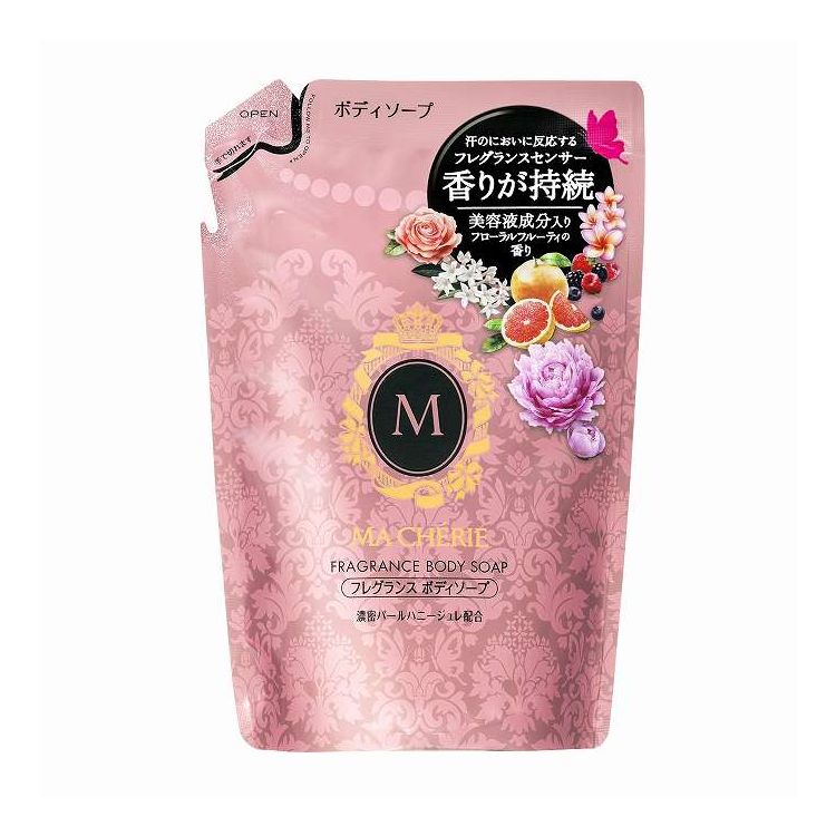 【商品詳細】心地よい香りと、うるおいつや肌の毎日を。マシェリ独自のフレグランスセンサー機能で不快なにおいを心地よい香りにするボディソープ。うるおい成分 濃密パールハニージュレBX＊配合で、うるおいつや肌に仕上げます。成分を厳選したマシェリの...
