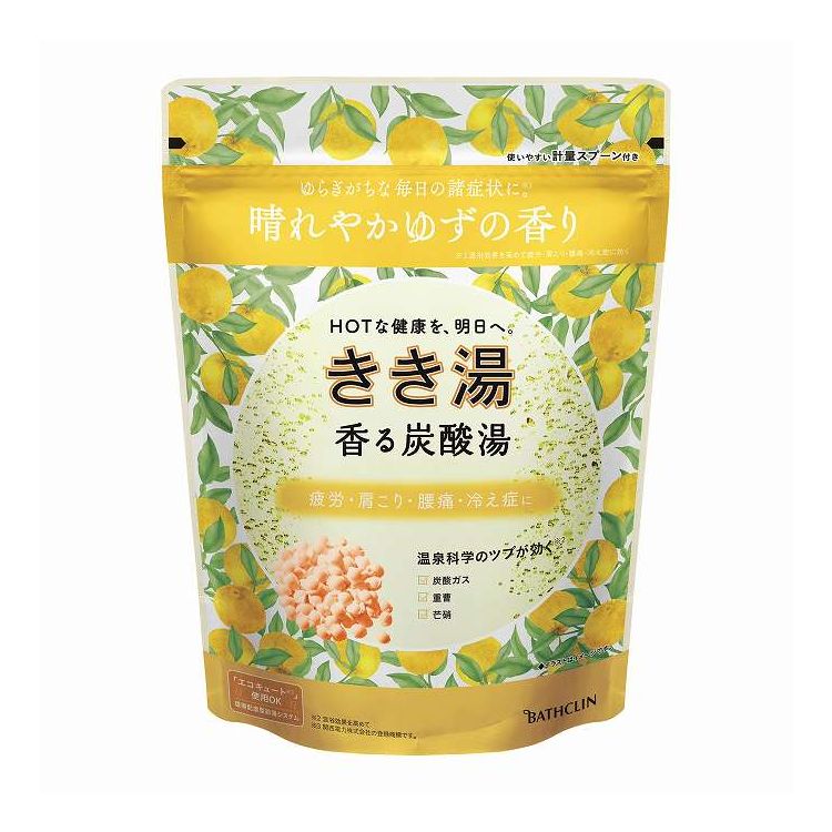 【商品詳細】●温浴効果を高めて、ゆらぎがちな毎日の諸症状 だるい疲れ・肩こり・腰痛・冷え症を緩和●重曹・ボウ硝（温泉ミネラル：有効成分）・炭酸ガス（温泉ガス）が温浴効果を高め、「ぬくもりベール」で湯上がり後も心地よい温まり感が続く●天然精油配合（香料成分）。香りで気分もととのう●「エコキュート」使用OK●光を浴びて輝くやさしいゆずの香りで、気分晴れやか●ゆずの香り／ゆずイエローの湯（透明タイプ）成分:＜有効成分＞炭酸水素Na、炭酸Na、乾燥硫酸ナトリウム＜その他の成分＞DL−リンゴ酸、フマル酸、L−グルタミン酸ナトリウム、コメヌカ油（リッチオリザ）、PEG（120）、PVP、軽質イソパラフィン、POE（カプリル・カプリン酸）グリセリル、酸化Mg、エチレンジアミンテトラPOE・POP、BHT、香料、黄4、赤227商品区分:医薬部外品メーカー名:バスクリン生産国・加工国:日本内容量:360G【代引きについて】こちらの商品は、代引きでの出荷は受け付けておりません。【送料について】北海道、沖縄、離島は送料を頂きます。