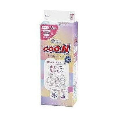【商品詳細】ママパパをサポート！子育て先まわり設計「おしっこモレ0へ」。背中と足まわりのギャザーがぴったりフィットしてすきまモレ防止。吸収ブーストシートがたっぷりのおしっこもパワフル吸収。全面通気シートでずっとムレ安心。成分:ポリオレフィン系不織布、綿状パルプ、吸収紙、高分子吸収材、ポリオレフィン系フィルム、ポリウレタン、スチレン系合成樹脂等メーカー名:大王製紙生産国・加工国:日本内容量:38枚【代引きについて】こちらの商品は、代引きでの出荷は受け付けておりません。【送料について】北海道、沖縄、離島は送料を頂きます。
