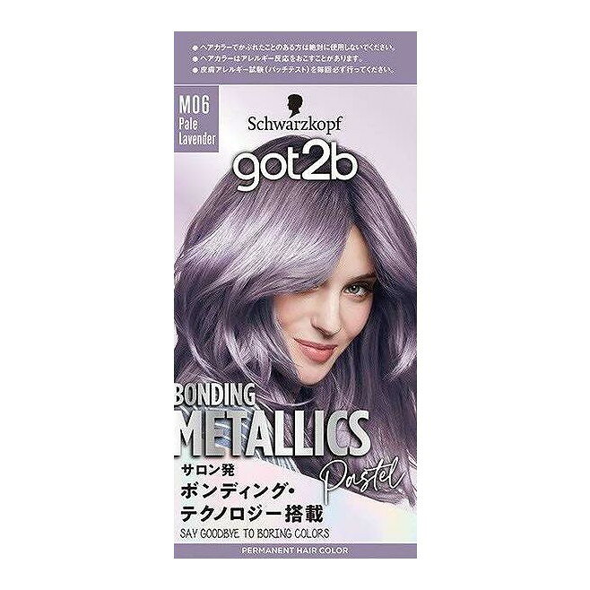 【商品詳細】【自分でつくる！＃デザインカラー】サロンで話題のボンディング・テクノロジー搭載。切れにくいハイトーン髪＊へ。大胆なメタリックカラーを。＊ボンディング・トリートメントによる。／透明感あふれる、可憐な青みラベンダー。成分:got2b　メタリックス　M06[有効成分]：5‐アミノオルトクレゾール、塩酸2，4‐ジアミノフェノキシエタノール、パラアミノフェノール、硫酸トルエン‐2，5‐ジアミン、レゾルシン[その他の成分]：セトステアリルアルコール、流動パラフィン、ステアルトリモニウムクロリド、イソプロパノール、アミノエチルアミノプロピルメチルシロキサン・ジメチルシロキサン共重合体、塩化ジメチルジアリルアンモニウム・アクリル酸共重合体液、グレープシードオイル、セリン、グリシン、ラウロイルグルタミン酸ジ（フィトステリル・オクチルドデシル）、ベタイン、DL‐PCA・Na液、ソルビット液、グルタミン酸、アラニン、リジン液、アルギニン、スレオニン、プロリン、濃グリセリン、エデト酸塩、無水亜硫酸Na、アスコルビン酸、POEステアリルエーテル、POEセトステアリルエーテル、水酸化K、強アンモニア水、香料デベロパー　G[有効成分]：過酸化水素水[その他の成分]：アルキル（8〜16）グルコシド、ステアリルアルコール、ラウレス硫酸Na、コハク酸、塩酸リジン、アルギニン、フェノキシエタノール、オクチルドデカノール、セタノール、ヒドロキシエタンジホスホン酸液、ピロリン酸Nagot2b　ヘアトリートメント[成分]：水、セテアリルアルコール、ジメチコン、炭酸ジカプリリル、ベヘントリモニウムクロリド、ジステアロイルエチルヒドロキシエチルモニウムメトサルフェート、塩化Mg、ココジモニウムヒドロキシプロピル加水分解ケラチン（羊毛）、加水分解ケラチン（羊毛）、ステアラミドプロピルジメチルアミン、アモジメチコン、ビスアミノPEG／PPG‐41／3アミノエチルPG‐プロピルジメチコン、クエン酸、乳酸、フェノキシエタノール、イソプロパノール、セトリモニウムクロリド、メチルパラベン、ポリクオタニウム‐10、トリデセス‐15、トリデセス‐3、香料商品区分:医薬部外品メーカー名:ヘンケルジャパン生産国・加工国:タイ内容量:1個【代引きについて】こちらの商品は、代引きでの出荷は受け付けておりません。【送料について】北海道、沖縄、離島は送料を頂きます。
