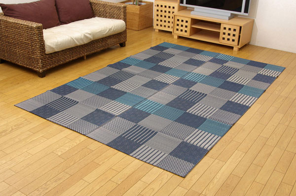 純国産 い草花ござカーペット 『京刺子』 ブルー 江戸間10畳（約435×352cm）【送料無料】【代引き不可】