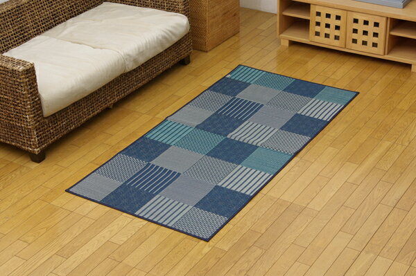 Plain - 純国産 い草花ござカーペット 『京刺子』 ブルー 江戸間1畳（約87×174cm）(代引き不可)【送料無料】