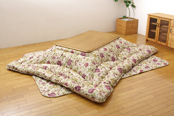 国内プリント こたつ厚掛敷布団セット 『クレージュ』 ベージュ 205×205cm（裏地:フランネル）(代引き不可)【送料無料】