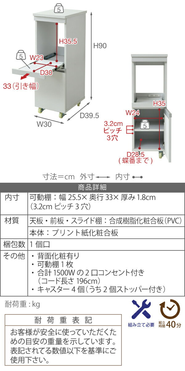 キッチン 隙間収納 ラック 幅30 高さ90 奥行40 スリム キャスター コンセント 家電ラック スリム 食器棚 家電収納 キッチン収納(代引不可)【送料無料】
