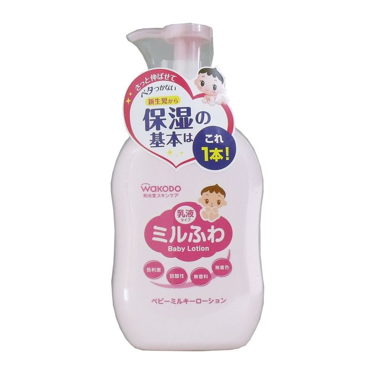【発売元和光堂】赤ちゃんの肌を考えたやさしいスキンケア水と油のバランスにこだわったうるおいケア!赤ちゃんの肌にやさしい保湿ケアでうるおいを守ります。●低刺激・無香料・無着色・パラベン無添加・ノンアルコール・無鉱物油・乳由来成分不使用。●皮ふアレルギーテスト済み(すべての人にアレルギーが起きないというわけではありません)。●水溶性保湿成分(オリゴ糖・イノシトール)&うるおい脂質成分(リン脂質・セラミド)配合。●さっとのばせてべたつかない乳液タイプのローション。●たっぷり使える300mL、ポンプタイプ。個装サイズ:80X170X57mm個装重量:約358g内容量:300mLケースサイズ:49.5X18.6X25cmケース重量:約8.9kg製造国:日本【商品区分:化粧品】【成分】水、BG、グリセリン、スクワラン、メドウフォーム油、ステアリン酸、ステアリン酸グリセリル(SE)、ラフィノース、水添レシチン、イノシトール、セラミド3、フィトステロールズ、ベタイン、アルギニン、グリチルリチン酸2K、トコフェロール、(アクリレーツ/アクリル酸アルキル(C10-30))クロスポリマー、キサンタンガム、EDTA-2Na、エチルヘキシルグリセリン、フェノキシエタノール【使用方法】使いはじめはポンプのストッパーをはずし、中身が出るまで数回空押ししてください。適量を手に取り、顔、からだにのばしてください。・入浴後や外出前に。【注意】・傷やはれもの、湿しん等、異常のある部位には使用しないでください。・使用中、または使用後赤み、はれ、かゆみ、刺激等の異常があらわれた時は使用を中止し、皮ふ科専門医等にご相談されることをおすすめします。・目に入った時はすぐに洗い流してください。・極端に高温や低温の場所、直射日光の当たる場所に保管しないでください。・乳幼児の手の届かない所に保管してください。※メーカーの都合によりパッケージ、内容等が変更される場合がございます。当店はメーカーコード（JANコード）で管理をしている為それに伴う返品、返金等の対応は受け付けておりませんのでご了承の上お買い求めください。【送料について】北海道、沖縄、離島は送料を頂きます。【発売元和光堂】赤ちゃんの肌を考えたやさしいスキンケア水と油のバランスにこだわったうるおいケア!赤ちゃんの肌にやさしい保湿ケアでうるおいを守ります。●低刺激・無香料・無着色・パラベン無添加・ノンアルコール・無鉱物油・乳由来成分不使用。●皮ふアレルギーテスト済み(すべての人にアレルギーが起きないというわけではありません)。●水溶性保湿成分(オリゴ糖・イノシトール)&うるおい脂質成分(リン脂質・セラミド)配合。●さっとのばせてべたつかない乳液タイプのローション。●たっぷり使える300mL、ポンプタイプ。個装サイズ:80X170X57mm個装重量:約358g内容量:300mLケースサイズ:49.5X18.6X25cmケース重量:約8.9kg製造国:日本【商品区分:化粧品】【成分】水、BG、グリセリン、スクワラン、メドウフォーム油、ステアリン酸、ステアリン酸グリセリル(SE)、ラフィノース、水添レシチン、イノシトール、セラミド3、フィトステロールズ、ベタイン、アルギニン、グリチルリチン酸2K、トコフェロール、(アクリレーツ/アクリル酸アルキル(C10-30))クロスポリマー、キサンタンガム、EDTA-2Na、エチルヘキシルグリセリン、フェノキシエタノール【使用方法】使いはじめはポンプのストッパーをはずし、中身が出るまで数回空押ししてください。適量を手に取り、顔、からだにのばしてください。・入浴後や外出前に。【注意】・傷やはれもの、湿しん等、異常のある部位には使用しないでください。・使用中、または使用後赤み、はれ、かゆみ、刺激等の異常があらわれた時は使用を中止し、皮ふ科専門医等にご相談されることをおすすめします。・目に入った時はすぐに洗い流してください。・極端に高温や低温の場所、直射日光の当たる場所に保管しないでください。・乳幼児の手の届かない所に保管してください。