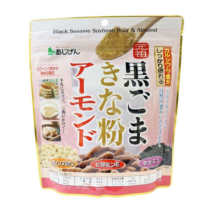 【発売元:味源】カルシウム・鉄分がしっかり摂れる!賞味期限：別途パッケージ記載アーモンドのつぶつぶ食感がアクセントで香ばしい♪●たんぱく質、カルシウム、鉄分、ビタミンEがたっぷり含まれています。●女性に嬉しい大豆イソフラボンやセサミンなども摂取できる、栄養バランスに優れた商品です。●スプーン1杯から始める毎日の健康習慣で、元気な毎日を。●牛乳に混ぜて、ご飯にかけて。●大豆イソフラボン、ビタミンE、セサミンで毎日元気に。●素材の味わいをそのままに摂れます。個装サイズ:180X210X80mm個装重量:約320g内容量:300g【製造国】:日本【名称】黒ごまきな粉(アーモンド入)【原材料名】きな粉(大豆:遺伝子組み換えでない)、すりごま、アーモンドパウダー【栄養成分(100g当たり)】エネルギー:513kcaLたんぱく質:32.8g脂質:34.2g炭水化物:26.2g糖質:10.9g食物繊維:15.8g食塩相当量:0gカリウム:1300mgカルシウム:590mg鉄:60mgビタミンE:31mgビタミンB1:0.19mgセサミン:237mg大豆イソフラボン:170mg【召し上り方】・毎朝一杯健康ドリンクコップ1杯の牛乳にお好みの分量を入れ、よくかき混ぜてお召し上がりください。(ホットミルクでも同量です。)お好みにより蜂蜜等を加えますと、さらに美味しく召し上がれます。・ヨーグルト、シリアル等にヨーグルト、シリアル等にお好みの分量を混ぜて頂き、朝食としてご利用ください。・おはぎ、お団子、お餅等にお好みの分量の砂糖を加え、混ぜ合わせます。混ぜ合わせたものをおはぎ、お団子、お餅等にまぶしてお召し上がりください。・毎日健康 黒ごまきな粉ごはん本品にお好みの分量の砂糖を加えて、あたたかなごはんの上にふりかけてお召し上がりください。※その他、お菓子やいろいろな料理にお使いいただけます。【保存方法】直射日光、高温・多湿を避けて、常温で保存してください。【注意】・開封後はチャックを閉じて保管し、賞味期限にかかわらず、お早めにお召し上がりください。・本製品の製造工場では、小麦、卵、乳成分、落花生を含む製品を製造しています。・品質保持の為、脱酸素剤が入っています。脱酸素剤は食べられませんので注意してください。※メーカーの都合によりパッケージ、内容等が変更される場合がございます。当店はメーカーコード（JANコード）で管理をしている為それに伴う返品、返金等の対応は受け付けておりませんのでご了承の上お買い求めください。【送料について】北海道、沖縄、離島は送料を頂きます。