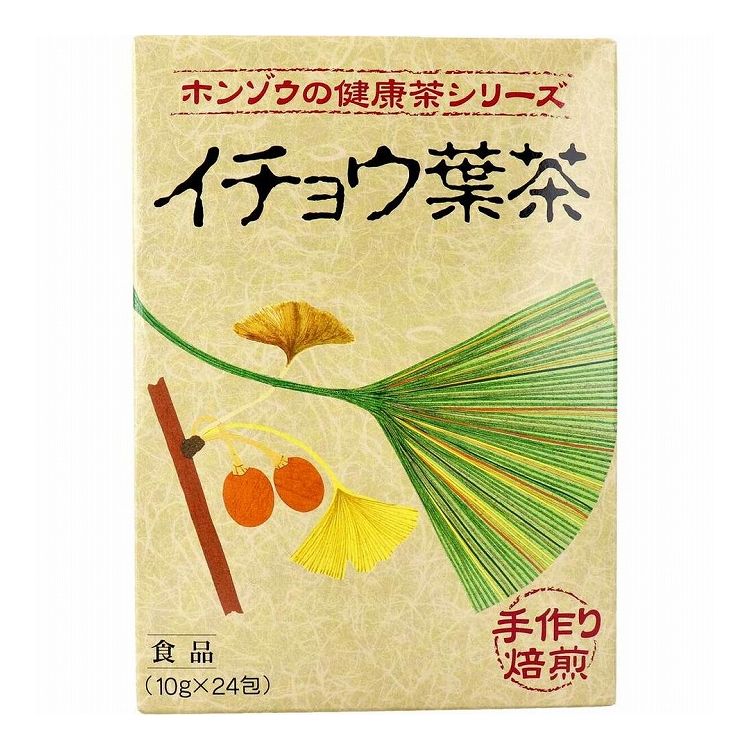 イチョウ葉を主に、ハトムギ、どくだみなどをブレンドして、おいしくお飲みいただけるように調製したイチョウ葉茶です。●手軽にお飲みいただけるように、ティーバッグに分包しました。●アイスでもホットでもお好みでお召し上がりください。【品名】混合茶【原材料】はとむぎ(ラオス)、はぶ茶、茶葉、いちょう葉、玄米、みかんの皮、くまざさ、どくだみ、食物繊維(パインファイバー)、朝鮮人参【栄養成分表(100mLあたり)】エネルギー：0kcaLたんぱく質：0g脂質：0g炭水化物：0.1gナトリウム：0g※ティーバッグ1袋に対して沸騰水1000mLを注ぎ、室温で5分間放置した液について試験しました。【お召し上がり方】(1)濃い目のイチョウ葉茶をお好みの方は、沸騰水約1000mL中にティーバッグを入れ、弱火で数分の間、お好みの風味が出るまで煮出して、お飲みください。(2)薄い目のイチョウ葉茶をお好みの方は、急須にティーバッグを入れ、お飲みいただく量のお湯を注ぎ、お好みの色が出ましたら、茶わんに注いで、お飲みください。(3)ティーバッグを長時間お湯の中に放置しますと苦味の出ることがありますのでお早めに取り出してください。【保存方法】直射日光を避け常温で保存してください。【注意】・開封後は、密封容器にて、冷所に保存してください。・原材料は、加熱処理を行っておりますが、開封後は、お早めにお召し上がりください。・本品は、天産物ですので、ロットにより煎液の色、味が多少異なることがあります。・煮出し方によっては、ニゴリを生じることがありますが、品質には問題ありません。個装サイズ：140X195X60mm個装重量：約305g内容量：240g(10g×24包)ケースサイズ：40.7X31.5X34.1cmケース重量：約7.2kg【発売元：本草製薬株式会社】【賞味期限】別途パッケージに記載【特長】飲料※メーカーの都合によりパッケージ、内容等が変更される場合がございます。当店はメーカーコード（JANコード）で管理をしている為それに伴う返品、返金等の対応は受け付けておりませんのでご了承の上お買い求めください。【送料について】北海道、沖縄、離島は送料を頂きます。