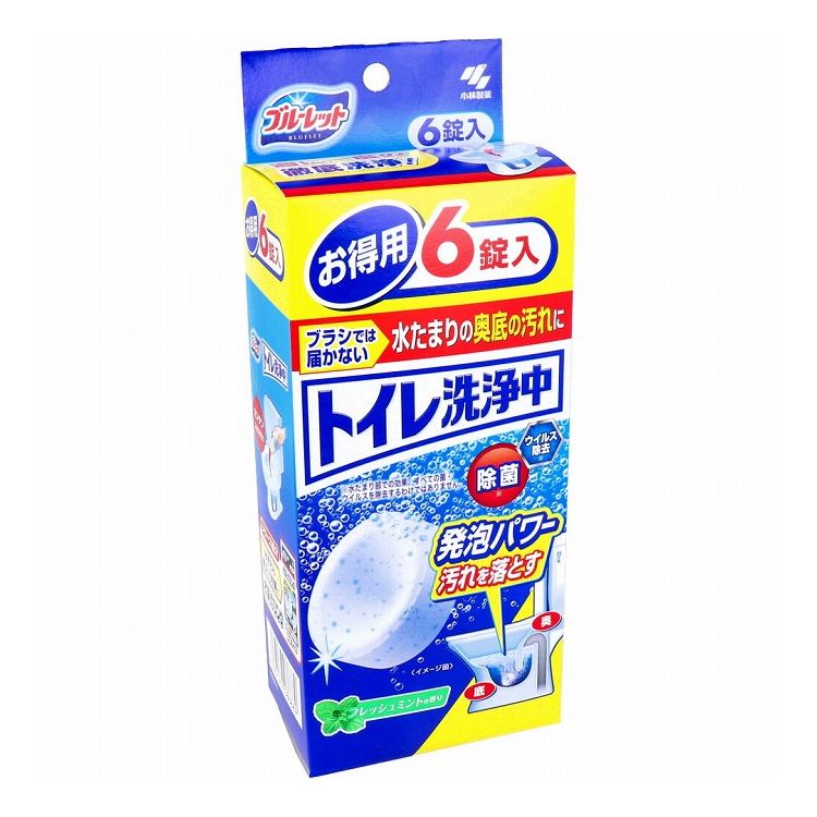 【商品特徴】【用途】水洗トイレ便器の水たまり部【成分】モノ過硫酸水素カリウム、過ホウ酸ナトリウム、発泡剤(炭酸塩・有機酸)、賦形剤、結合剤、酸化活性化剤、界面活性剤(アルキルスルホ酢酸ナトリウム)【液性】弱アルカリ性【正味量】6錠(150g)【使用量の目安】1回に1錠【使用方法】(1)水洗トイレの便器の水たまり部分に1錠投入し、そのまま2時間以上放置する。(就寝前やお出かけ前にいれることをおすすめします。洗浄時間が長いほど効果が出ます。)(2)洗浄終了後、水を流す。(しつこい水アカ・黒ズミ・黄バミ汚れには、長時間洗浄をくり返してください。)※こびりついた黄バミ・黒ズミ・尿石は落ちない場合があります。【使えるトイレ】洋式水洗トイレ、和式水洗トイレ【使えないトイレ】簡易水洗トイレ(汲み取り式)【応急処置】・大量に飲み込んだ場合、コップ1〜2杯の牛乳か水または卵白を飲ませ、ただちに医師の診断を受ける。・目に入った場合、放置すると目を傷める恐れがあるので、こすらずにすぐに水で15分以上洗い流した後、眼科医に相談する。・皮ふについた場合、水で充分に洗い流す。いずれの場合も処置の後、異常のある場合は製品の説明書きを持参し、医師に相談する。【商品詳細】洗浄つぶ入り発泡錠が、トイレブラシでは届かない水洗トイレの便器の底(水たまり部分)・奥の黒ズミ・黄バミ・水アカを落とします。●悪臭の発生源となる汚れを落とします。●除菌・効果もあります。※水たまり部での効果。すべての菌・ウイルスを除去するわけではありません。●ポン！と入れるだけ、簡単、便利です。●便器や浄化槽をいためる心配はありません。※錠剤は発泡力を高めるためにくぼみのあるタイプにしています。※つぶが少なく見える場合がありますが、 錠剤表面に見えないだけで必要量は入っていますので効果には問題ありません。【使用上の注意】・用途以外には使用しない。・小児、認知症の方などの誤食に注意する。・小児、認知症の方などの手の届くところに置かない。・水洗タンク内の器具を傷める恐れがあるため、水洗タンクには使用しない。・内袋開封後は、すぐに使用する。・効果が落ちるため、塩素系漂白剤や還元系漂白剤と併用・混合しない。・使用の際はゴム手袋を使用する。・直射日光の当たるところ、高温多湿のところ(夏場の車内など)に置かない。個装サイズ：80X200X50mm個装重量：約195g内容量：6錠(150g)製造国：日本【発売元：小林製薬株式会社】※メーカーの都合によりパッケージ、内容等が変更される場合がございます。当店はメーカーコード（JANコード）で管理をしている為それに伴う返品、返金等の対応は受け付けておりませんのでご了承の上お買い求めください。【特長】消臭剤、芳香剤、トイレ用置き型【送料について】北海道、沖縄、離島は送料を頂きます。