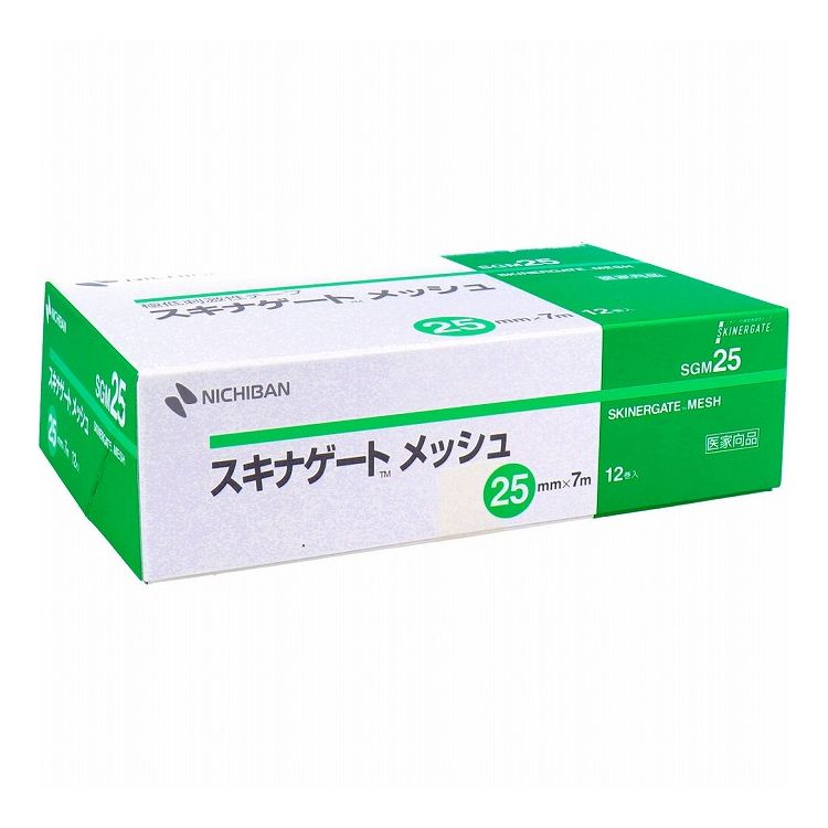 【商品特徴】【用途】ガーゼの固定。カテーテル、チューブの固定。【商品詳細】低刺激性粘着剤とメッシュ素材の基材により、皮膚へのやさしさと固定力を両立しました。皮膚になじみやすく、はがす時の痛みや角質のはがれを軽減します。●長時間貼っていても、従来品と同等の皮膚粘着力を有し、はく離角質細胞量は少ないです。●テープ基材に柔軟性が高い不織布を採用しているため、貼付中の皮膚へのストレスを軽減できます。●小さい力でよく伸び るため、皮膚の小さな動きにも追従します。●粘着剤が柔らかく、長時間貼っていても皮膚が浸軟しにくいため、はがす時の痛みが少ないです。また、はがす時のはく離角質細胞量もわずかです。【使用上の注意】・伸ばした状態で貼ると皮膚刺激の原因となります。テープは引っ張って貼らないでください。・傷口には直接貼らないでください。・使用中、発疹・発赤、かゆみ等の症状が現れた場合は使用を中止してください。・はがす時は、皮膚を傷めないよう体毛の流れに沿ってゆっくりはがしてください。【保管上の注意】・水濡れに注意し、高温、多湿、直射日光のあたる場所を避けて、室温保存してください。個装サイズ：173X53X83mm個装重量：240g内容量：25mmX9m 12巻入製造国：日本【発売元：株式会社ニチバン】※メーカーの都合によりパッケージ、内容等が変更される場合がございます。当店はメーカーコード（JANコード）で管理をしている為それに伴う返品、返金等の対応は受け付けておりませんのでご了承の上お買い求めください。【特長】その他テープ、テーピング、サージカルテープ【送料について】北海道、沖縄、離島は送料を頂きます。