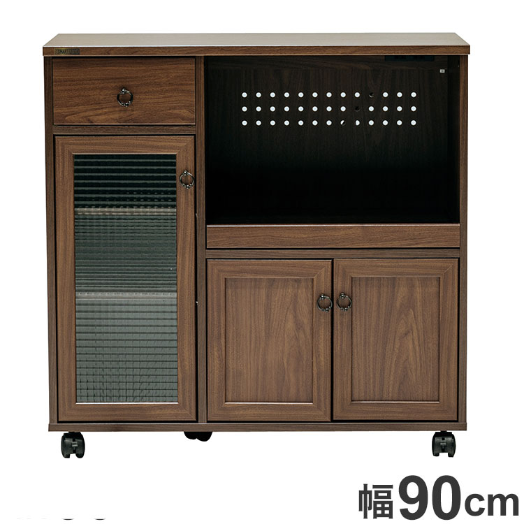 ■商品サイズ幅90×奥行40×高さ89cm■素材プリント化粧合板■重量32.5kg■生産国ベトナム■特徴・ウォールナット風の木目調シートを使用。・脚部には天然木を使用。・擦りガラス調のフィルムガラスを使用。飛散防止仕様。・引出しはレール付き。・お客様組立です。（所要時間目安60分）・耐荷重　天板：約30kg　可動棚板：約20kg　スライドカウンター：約20kg■梱包サイズ幅99×奥行240×高さ44【代引きについて】こちらの商品は、代引きでの出荷は受け付けておりません。【送料について】北海道、沖縄、離島は別途送料を頂きます。