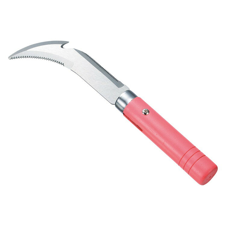 4つの機能が付いている、新しい鎌になります。鋭い鋸刃の鎌で様々な草を刈ります。外側の鋸刃で小枝などが切れるのこぎりになります。カッティングフックが付いているので、ツタなどが切れます。上部に刃が付いていますので、壁際などを切ることができます。刃:ステンレス鋼（SUS420）、柄:木柄（塗装）6×2.4×22.5cm【代引きについて】こちらの商品は、代引きでの出荷は受け付けておりません。【送料について】北海道、沖縄、離島は送料を頂きます。