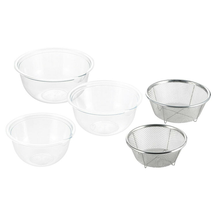 ボウル大（径19×8.6cm）・ボウル中（径17×8cm）・ボウル小（径15×7.5cm）・ザル中（径15×5.9cm）・ザル小（径13×5.7cm）×各1ポリメチルペンテン、18-8ステンレス電子レンジOK 【代引きについて】こちらの商品は、代引きでの出荷は受け付けておりません。【送料について】北海道、沖縄、離島は送料を頂きます。