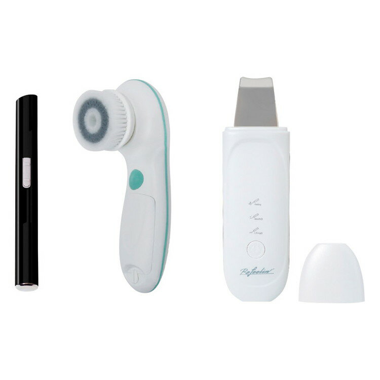 水と超音波の振動でお肌のお手入れができるウォーターピーラーとやさしい肌触りで清潔にフェイスケアができるフェイシャルクリーナー、簡単にまゆげの長さもそろえてカットできるマユコーム付のフェイスシェーバーのセット。ウォーターピーラー:USBコード...