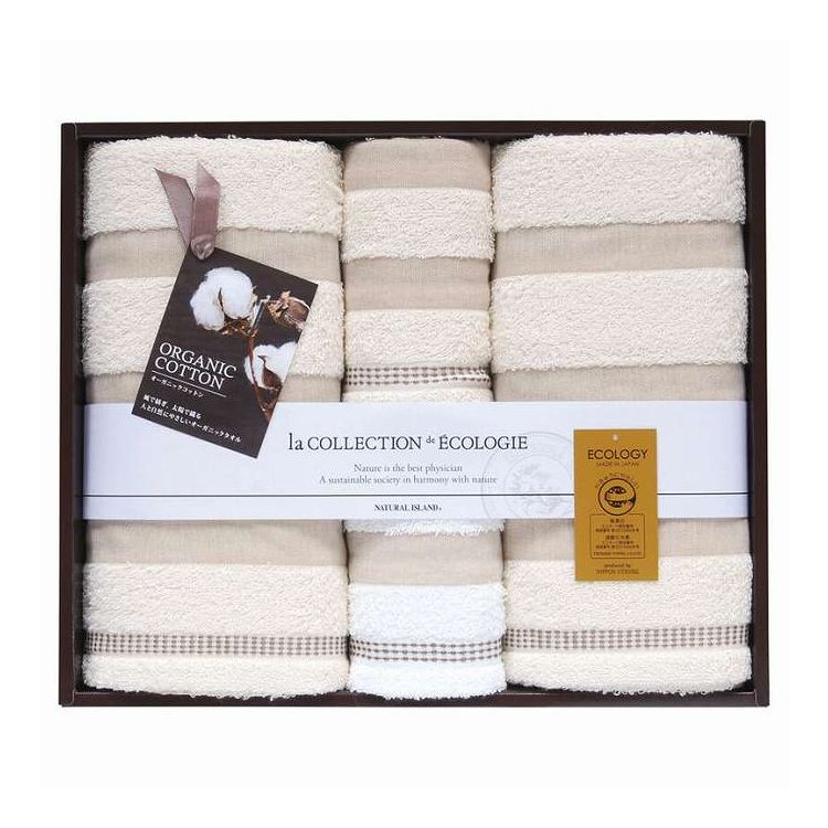3年以上化学肥料を使用していない畑で無農薬にて栽培され、専門の認証機関で認められた有機栽培綿を使用したタオルです。生まれたままのコットンに最も近い天然繊維で環境保護にも役立っています。このタオルは、精錬、染色、仕上げに天然酵素を使用しているため、SDGsの目標にも沿った、人と環境に優しいタオルになっているといえます。エコマーク取得商品。・インドの契約農家で採れる高級綿糸を使用・オーガニックGOTS認定の糸・ツヤのある高級コーマ糸使用・風力、太陽光グリーンエネルギーを使用して生産日本製【セット内容】-サイズ：バスタオル:60×110cm、フェイスタオル:29×72cm重量/容量：-箱サイズ：30.5×36.8×6cm材質：綿100%（パイル部分:オーガニック糸使用）【代引きについて】こちらの商品は、代引きでの出荷は受け付けておりません。【送料について】北海道、沖縄、離島は送料を頂きます。