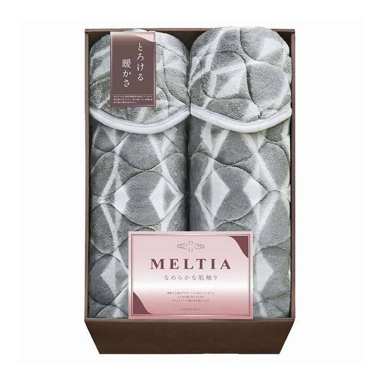 MELTIAは、中わたに吸湿発熱素材を使用しているので熱を逃がさずあたたかい。ゆったりと流れるグラデーションが、優雅で上品な印象の寝具です。薄くて軽いのに最適な温度で朝まで眠りを妨げません。とろけるような暖かさで上質な睡眠へと誘います。四方ゴム付【セット内容】-サイズ：100×200cm重量/容量：-箱サイズ：58×38×16cm材質：表・裏:ポリエステル100%、詰め物:ポリエステル70%・レーヨン30%（吸湿発熱素材）（約0.2kg）【代引きについて】こちらの商品は、代引きでの出荷は受け付けておりません。【送料について】北海道、沖縄、離島は送料を頂きます。