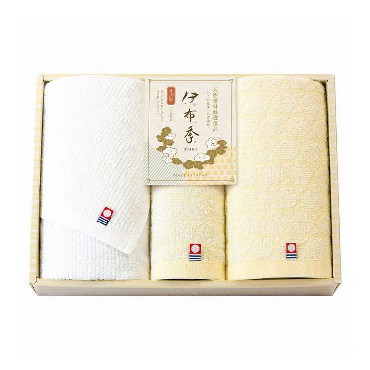 すっきりとした純白と、やさしいたまご色のやわらかい色合い。伊予の穏やかな地で百三十年の伝統が織りなす季節を紡ぐ、「かごめ紋様」と「あぜ織布」の日本の伝統的な模様をあしらったやさしい色合いの今治タオルです。日本製今治マーク（第2025-696号・第2018-682号）【セット内容】-サイズ：フェイスタオル:約34×75cm、ハンドタオル:約34×30cm重量/容量：0.3kg箱サイズ：22×30×5cm材質：綿100%【代引きについて】こちらの商品は、代引きでの出荷は受け付けておりません。【送料について】北海道、沖縄、離島は送料を頂きます。