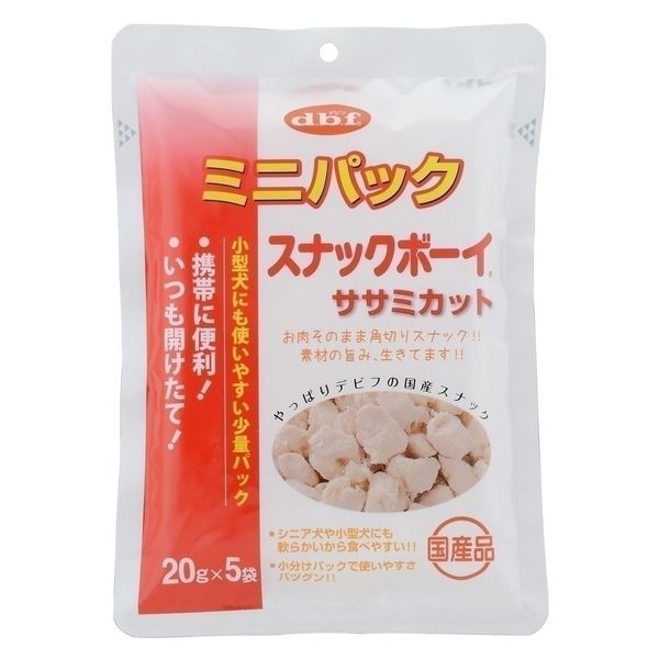 【取り寄せ品のご注意事項（ご注文前にご確認ください）】・本商品は原則注文後のキャンセルはお受けできません。・本商品と他商品で同梱注文をいただき、仮に他商品が完売等でご用意できない場合でも本商品は発送させていただきます。・本商品を複数（2点以上）注文いただき、完売等で注文数のご用意できない場合でもご用意できた数量は発送させていただきます。【商品詳細】小分けで使いやすい20g品が5袋入ったミニパックです。お肉本来の旨みをそのまま生かした、角切りスナックです。一口サイズの軟らか仕上げで、幼犬からシニア犬までの、おやつやご褒美にピッタリ。たん白質を含む鶏ササミを使用しました。【分類】犬用スナック【原材料】鶏ささみ、グリセリン（植物性）、ビーフエキス、食塩、プロピレングリコール、保存料（ソルビン酸K）、酸化防止剤（エリソルビン酸Na）、発色剤（亜硝酸Na）【保証成分】粗たん白質30.0％以上、粗脂肪1.0％以上、粗繊維0.5％以下、粗灰分2.0％以下、水分57.0％以下、ナトリウム0.50％以下【エネルギー】100g当りエネルギー200kcal以上　　【給与方法】1日に与える量（目安）成犬期で体重が5kg未満〜2袋、5〜10kg2〜3.5袋、10kg以上3.5袋〜。給与回数1〜3回に分けて。1日の必要エネルギーの2割以内を目安にしています。ペットの運動量や体調に合わせて調整しながら、与えて下さい。【賞味期限】製造日より18ヶ月【原産国または製造地】日本【諸注意】直射日光や高温多湿の場所を避けて保存して下さい。【送料について】北海道、沖縄、離島は送料を頂きます。