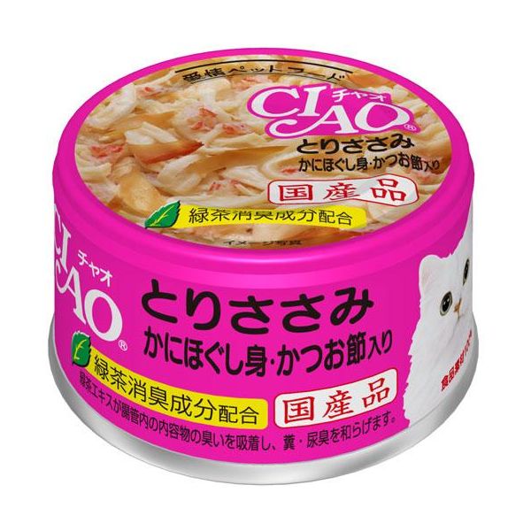 【商品詳細】贅沢なトッピングで豊かに仕上げました。贅沢なトッピングで風味豊かに仕上げました。国産品。【分類】猫用一般食【原材料】鶏肉（ささみ）、紅ずわいがに、かつお節、でん粉、増粘多糖類、増粘剤（加工でん粉）、ビタミンE、紅麹色素、緑茶エキス【保証成分】粗たん白質12.5％以上粗脂肪0.3％以上粗繊維0.5％以下粗灰分1.2％以下水分94.0％以下【エネルギー】約50kcal/缶【給与方法】標準サイズの成猫には1回1缶、1日2回を目安に総合栄養食と一緒にお与えください。【賞味期限】3年【商品サイズ】68×68×37【原産国または製造地】日本【諸注意】お使い残りの出た場合は別の容器に移し替えて冷蔵庫に入れるなどなるべく早めにお使い下さい。【送料について】北海道、沖縄、離島は送料を頂きます。