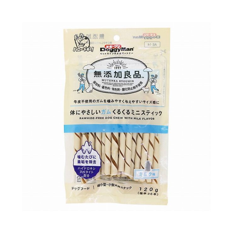 【取り寄せ品のご注意事項（ご注文前にご確認ください）】・本商品は原則注文後のキャンセルはお受けできません。・本商品と他商品で同梱注文をいただき、仮に他商品が完売等でご用意できない場合でも本商品は発送させていただきます。・本商品を複数（2点以上）注文いただき、完売等で注文数のご用意できない場合でもご用意できた数量は発送させていただきます。商品説明商品名無添加良品 体にやさしいガム くるくるミニスティック 120g(標準36本)植物原料をベースにした、牛皮不使用のデンタルガム。メーカー名ドギーマン商品詳細保存料、着色料、発色剤を使わずに作りました。お腹にやさしい植物原料がベース。ビタミンやミネラルをバランスよく配合。歯の健康維持のためハイドロキシアパタイト配合。ゆっくり時間をかけて噛める、骨型。超小型小型犬に食べやすいミニサイズのスティックタイプ。商品分類食品原材料コーンスターチ、チキンミートパウダー、えんどう豆たん白、果糖、豚ゼラチン、さつまいも、にんじん、えんどう豆、オリゴ糖、麦芽糖、グリセリン、ソルビトール、ミネラル類(ナトリウム、カルシウム、鉄、ハイドロキシアパタイト、亜鉛、マンガン)、香料、ビタミン類(B1、B2、B6、B12、E、ナイアシン、パントテン酸)、乳化剤、ポリリン酸ナトリウム賞味期限（未開封）別途パッケージに記載内容量120g原産国ベトナム保存方法別途パッケージに記載個装サイズ（mm）（約）幅185×高さ50×奥行215【送料について】北海道、沖縄、離島は送料を頂きます。