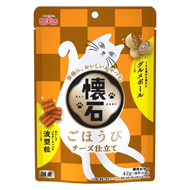 【商品説明】・芳醇な香りのチーズ仕立て。猫様の大好きな風味に仕上げました。・おいしさパウダーをキャッチしやすい波型の粒とうまみ成分を重ねたグルメボールをフレッシュパックに閉じ込めました。・3gの小分け包装で与えやすく、猫様との距離を縮めるためのコミュニケーションフードです。〇原材料(成分)穀類(とうもろこし、小麦粉、コーングルテンミール、玄米)、肉類(ミートミール、チキンミール、チキンレバーパウダー、チキンエキスパウダー)、油脂類(動物性油脂、植物性油脂)、豆類(脱脂大豆)、寒梅粉(でん粉、もち米粉)、糖類(砂糖)、魚介類(フィッシュエキス、まぐろ節粉末、カニエキスパウダー)、乳類(チーズパウダー)、セレン酵母、ビタミン類(A、D3、E、K3、B1、B2、パントテン酸、ナイアシン、B6、葉酸、ビオチン、B12、コリン、イノシトール)、ミネラル類(カルシウム、リン、ナトリウム、カリウム、塩素、鉄、コバルト、銅、マンガン、亜鉛、ヨウ素)、アミノ酸類(メチオニン、タウリン)、クチナシ色素、酸化防止剤(ローズマリー抽出物、ミックストコフェロール)、膨張剤〇賞味／使用期限(未開封)18ヶ月※仕入れ元に規定により3ヶ月以上期限がある商品のみ出荷致します〇保管方法・直射日光、湿気の多い所を避け、涼しい場所で虫等が入らないように密封してください。・開封後はお早めにお使いください。・乳幼児の手の届かない所に保管してください。〇原産国日本〇メーカー名ペットライン株式会社【取り寄せ品のご注意事項（ご注文前にご確認ください）】・本商品は原則注文後のキャンセルはお受けできません。・本商品と他商品で同梱注文をいただき、仮に他商品が完売等でご用意できない場合でも本商品は発送させていただきます。・本商品を複数（2点以上）注文いただき、完売等で注文数のご用意できない場合でもご用意できた数量は発送させていただきます。【送料について】北海道、沖縄、離島は送料を頂きます。