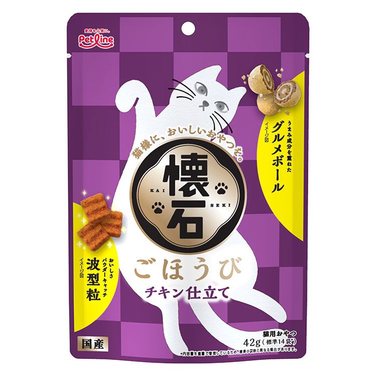 【商品説明】・贅沢な味わいのチキン仕立て。猫様の大好きな風味に仕上げました。・おいしさパウダーをキャッチしやすい波型の粒とうまみ成分を重ねたグルメボールをフレッシュパックに閉じ込めました。・3gの小分け包装で与えやすく、猫様との距離を縮めるためのコミュニケーションフードです。〇原材料(成分)穀類(とうもろこし、小麦粉、コーングルテンミール、玄米)、肉類(ミートミール、チキンミール、チキンレバーパウダー、チキンパウダー、チキンエキスパウダー)、油脂類(動物性油脂、植物性油脂)、豆類(脱脂大豆)、寒梅粉(でん粉、もち米粉)、糖類(砂糖)、魚介類(フィッシュエキス、まぐろ節粉末、カニエキスパウダー)、セレン酵母、ビタミン類(A、D3、E、K3、B1、B2、パントテン酸、ナイアシン、B6、葉酸、ビオチン、B12、コリン、イノシトール)、ミネラル類(カルシウム、リン、ナトリウム、カリウム、塩素、鉄、コバルト、銅、マンガン、亜鉛、ヨウ素)、アミノ酸類(メチオニン、タウリン)、クチナシ色素、酸化防止剤(ローズマリー抽出物、ミックストコフェロール)、膨張剤〇賞味／使用期限(未開封)18ヶ月※仕入れ元に規定により3ヶ月以上期限がある商品のみ出荷致します〇保管方法・直射日光、湿気の多い所を避け、涼しい場所で虫等が入らないように密封してください。・開封後はお早めにお使いください。・乳幼児の手の届かない所に保管してください。〇原産国日本〇メーカー名ペットライン株式会社【取り寄せ品のご注意事項（ご注文前にご確認ください）】・本商品は原則注文後のキャンセルはお受けできません。・本商品と他商品で同梱注文をいただき、仮に他商品が完売等でご用意できない場合でも本商品は発送させていただきます。・本商品を複数（2点以上）注文いただき、完売等で注文数のご用意できない場合でもご用意できた数量は発送させていただきます。【送料について】北海道、沖縄、離島は送料を頂きます。