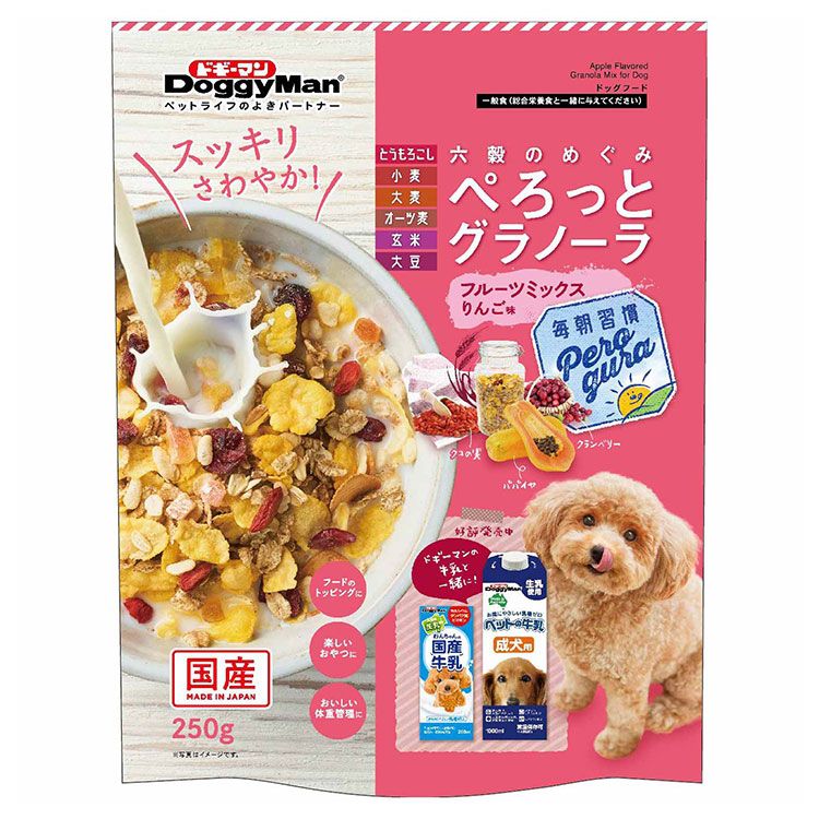 【商品説明】・ヘルシー素材にこだわり、ビタミン・ミネラルを含む六穀を使用したワンちゃん専用のグラノーラです。・「おいしく」「からだにやさしく」「毎日を満たす」わんちゃんの新しい食習慣におすすめです。・そのままたべるとサクサク食感！ペット用牛乳をかけて食べるとさらにおいしさアップ！・ドライフードのトッピングにも使えます。・栄養成分にこだわった3種の果物入り。りんご味。〇原材料(成分)穀類(コーングリッツ、小麦、大麦、オーツ麦、玄米)、乾燥果実(クランベリー、クコの実、パパイヤ)、大豆、糖類(オリゴ糖)、りんご濃縮果汁、ミネラル類(ナトリウム)、香料、酸化防止剤(ビタミンE)、pH調整剤〇賞味／使用期限(未開封)12ヶ月※仕入れ元に規定により3ヶ月以上期限がある商品のみ出荷致します〇保管方法・お買い上げ後および開封後は直射日光、高温多湿を避け、風通しの良い場所に保存してください。・開封後は虫などが入らないように密閉して保存し、賞味期限に関わらず早めに与えてください。〇原産国日本〇メーカー名ドギーマンハヤシ株式会社【取り寄せ品のご注意事項（ご注文前にご確認ください）】・本商品は原則注文後のキャンセルはお受けできません。・本商品と他商品で同梱注文をいただき、仮に他商品が完売等でご用意できない場合でも本商品は発送させていただきます。・本商品を複数（2点以上）注文いただき、完売等で注文数のご用意できない場合でもご用意できた数量は発送させていただきます。【送料について】北海道、沖縄、離島は送料を頂きます。