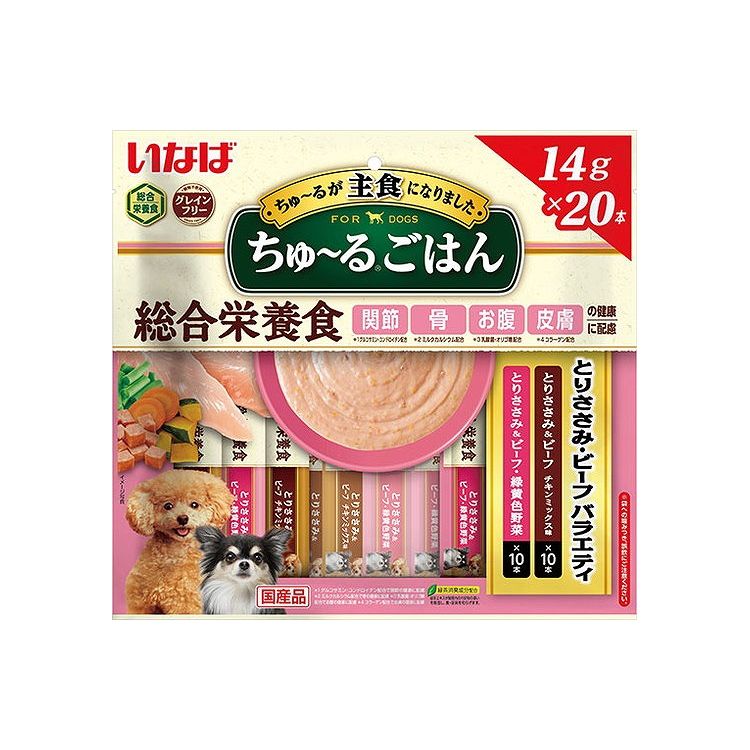 【取り寄せ品のご注意事項（ご注文前にご確認ください）】・本商品は原則注文後のキャンセルはお受けできません。・本商品と他商品で同梱注文をいただき、仮に他商品が完売等でご用意できない場合でも本商品は発送させていただきます。・本商品を複数（2点以上）注文いただき、完売等で注文数のご用意できない場合でもご用意できた数量は発送させていただきます。【商品説明】愛犬に必要な栄養素をバランスよく配合した総合栄養食関節・骨・お腹・皮膚の健康に配慮した今までにないごはん。穀物アレルギーに配慮して、グレインフリーに仕上げました。・メーカー名いなばペットフード 株式会社・原材料(成分)【とりささみ＆ビーフ・緑黄色野菜】鶏肉(ささみ)、鶏脂、野菜(人参、かぼちゃ、いんげん)、牛肉、チキンエキス、酵母エキス、ガラクトオリゴ糖、コラーゲンペプチド、サメ軟骨抽出物(コンドロイチン硫酸含有)、ミルクカルシウム、酵母、殺菌乳酸菌、増粘安定剤(加工でん粉、増粘多糖類)、ミネラル類(Ca、Fe、Cu、Mn、Zn、I、K、P、Mg)、ビタミン類(A、D3、E、B1、B2、葉酸、コリン)、グルコサミン、紅麹色素、緑茶エキス【とりささみ＆ビーフチキンミックス味】鶏肉(ささみ)、鶏脂、牛肉、チキンエキス、酵母エキス、ガラクトオリゴ糖、コラーゲンペプチド、サメ軟骨抽出物(コンドロイチン硫酸含有)、ミルクカルシウム、酵母、殺菌乳酸菌、増粘安定剤(加工でん粉、増粘多糖類)、ミネラル類(Ca、Fe、Cu、Mn、Zn、I、K、P、Mg)、ビタミン類(A、D3、E、B1、B2、葉酸、コリン)、グルコサミン、紅麹色素、緑茶エキス・賞味期限別途パッケージに記載・原産国または製造地日本・保存方法別途パッケージに記載【送料について】北海道、沖縄、離島は送料を頂きます。
