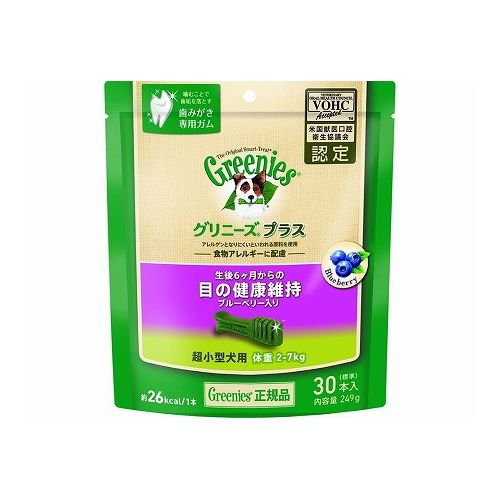 【商品説明】商品説明日本の愛犬のために生産された噛むことで歯垢を落とす、歯みがき専用ガム。愛犬の目の健康維持に。ブルーベリーの華やかな香り。・原材料(成分)小麦粉、小麦タンパク、ゼラチン(豚由来)、セルロース、タンパク加水分解物、乾燥ブルーベリー、グリセリン、レシチン、ブルーベリーフレーバー、ビタミン類(A、B1、B2、B6、B12、D3、E、コリン、ナイアシン、パントテン酸、ビオチン、葉酸)、ミネラル類(カリウム、カルシウム、クロライド、セレン、マグネシウム、マンガン、ヨウ素、リン、亜鉛、鉄、銅)、着色料(スイカ色素、ゲニパ色素、ウコン色素)・賞味／使用期限(未開封)※仕入れ元の規定により半年以上期限の残った商品のみ出荷致します18ヶ月・原産国または製造地アメリカ・保存方法別途パッケージに記載・メーカー名マースジャパンリミテッド ペット専門店事業部【送料について】北海道、沖縄、離島は送料を頂きます。