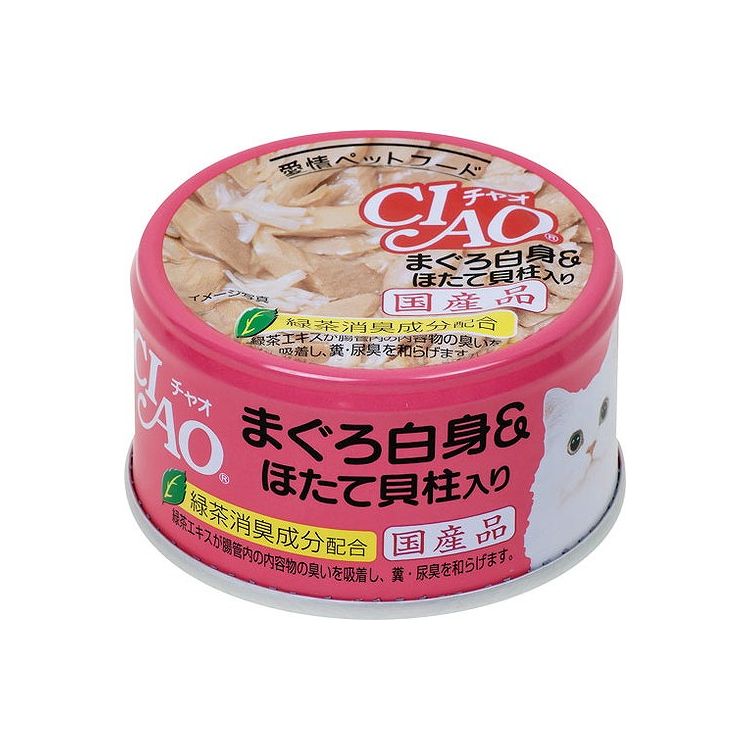 【取り寄せ品のご注意事項（ご注文前にご確認ください）】・本商品は原則注文後のキャンセルはお受けできません。・本商品と他商品で同梱注文をいただき、仮に他商品が完売等でご用意できない場合でも本商品は発送させていただきます。・本商品を複数（2点以上）注文いただき、完売等で注文数のご用意できない場合でもご用意できた数量は発送させていただきます。【商品説明】まぐろ白身をベースにしたおいしい缶詰・まぐろとかつおのフレークに、ホタテ貝柱を加えた、素材のおいしさを楽しめる缶詰です。・食べやすいゼリータイプです。・ビタミンEを配合し、猫の健康に配慮しています。・着色料不使用・緑茶消臭成分配合で腸管内の内容物の臭いを吸着し、糞・尿臭を和らげます。●原材料(成分)かつお、まぐろ、ほたて貝柱、でん粉、増粘多糖類、増粘剤(加工でん粉)、ビタミンE、緑茶エキス●賞味／使用期限(未開封)36ヶ月※仕入れ元の規定により半年以上期限の残った商品のみ出荷致します。●保存方法別途パッケージに記載●メーカー名いなばペットフード 株式会社【送料について】北海道、沖縄、離島は送料を頂きます。
