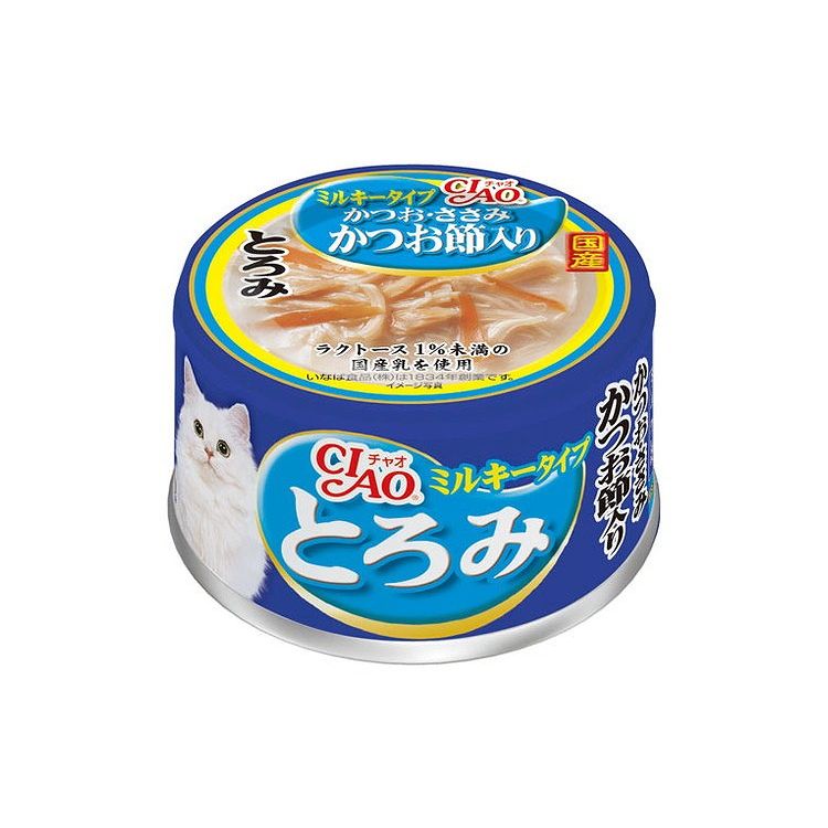 【取り寄せ品のご注意事項（ご注文前にご確認ください）】・本商品は原則注文後のキャンセルはお受けできません。・本商品と他商品で同梱注文をいただき、仮に他商品が完売等でご用意できない場合でも本商品は発送させていただきます。・本商品を複数（2点以上）注文いただき、完売等で注文数のご用意できない場合でもご用意できた数量は発送させていただきます。【商品説明】猫ちゃんが大好きなミルキータイプ。・ラクトース1％未満の国産乳を使った国産乳を使用したミルキータイプ・まぐろささみにかつお節を加えました。・とろりとしたスープが具材に程よく絡まり美味しくいただけます。●原材料(成分)鶏肉(ささみ)、乳製品、かつお、かつお節エキス、かつお節、糖類(オリゴ糖等)、植物性油脂、増粘剤(加工でん粉)、ミネラル類、調味料(アミノ酸等)、増粘多糖類、ビタミンE、緑茶エキス●賞味／使用期限(未開封)36ヶ月※仕入れ元の規定により半年以上期限の残った商品のみ出荷致します。●保存方法別途パッケージに記載●メーカー名いなばペットフード 株式会社【送料について】北海道、沖縄、離島は送料を頂きます。