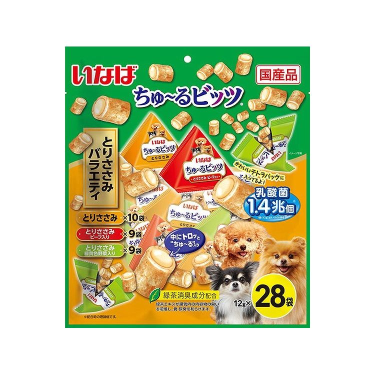 【取り寄せ品のご注意事項（ご注文前にご確認ください）】・本商品は原則注文後のキャンセルはお受けできません。・本商品と他商品で同梱注文をいただき、仮に他商品が完売等でご用意できない場合でも本商品は発送させていただきます。・本商品を複数（2点以上）注文いただき、完売等で注文数のご用意できない場合でもご用意できた数量は発送させていただきます。【商品説明】与えやすく食べやすい！・ワンちゃんとのコミュニケーションに便利な一口サイズのおやつです。・外はふっくら、中はトロッとちゅ〜るが入っているため、2つの食感が楽しめます。・与えやすく食べやすいビッツタイプ。・出しやすく、見た目もかわいいテトラパック。・乳酸菌を1袋当たり1.4兆個配合し、お腹の健康に配慮。・緑茶消臭成分配合で、腸管内の内容物の臭いを吸着し、糞尿臭を和らげます。・保存料不使用・3種類の味が楽しめるバラエティパック●原材料(成分)【とりささみ】鶏肉(ささみ)、鶏脂、かつお節、チキンエキス、ガラクトオリゴ糖、寒天、卵白粉末、酵母エキス、殺菌乳酸菌、増粘安定剤(増粘多糖類、加工でん粉)、ビタミンE、紅麹色素、緑茶エキス【とりささみ ビーフ入り】鶏肉(ささみ)、鶏脂、かつお節、ビーフエキス、牛肉、ガラクトオリゴ糖、寒天、卵白粉末、酵母エキス、殺菌乳酸菌、増粘安定剤(増粘多糖類、加工でん粉)、ビタミンE、紅麹色素、緑茶エキス【とりささみ 緑黄色野菜入り】鶏肉(ささみ)、鶏脂、野菜(人参、かぼちゃ、グリンピース)、かつお節、チキンエキス、ガラクトオリゴ糖、寒天、卵白粉末、酵母エキス、殺菌乳酸菌、増粘安定剤(増粘多糖類、加工でん粉)、ビタミンE、紅麹色素、緑茶エキス●賞味／使用期限(未開封)24ヶ月※仕入れ元の規定により半年以上期限の残った商品のみ出荷致します。●保存方法別途パッケージに記載●メーカー名いなばペットフード 株式会社【送料について】北海道、沖縄、離島は送料を頂きます。
