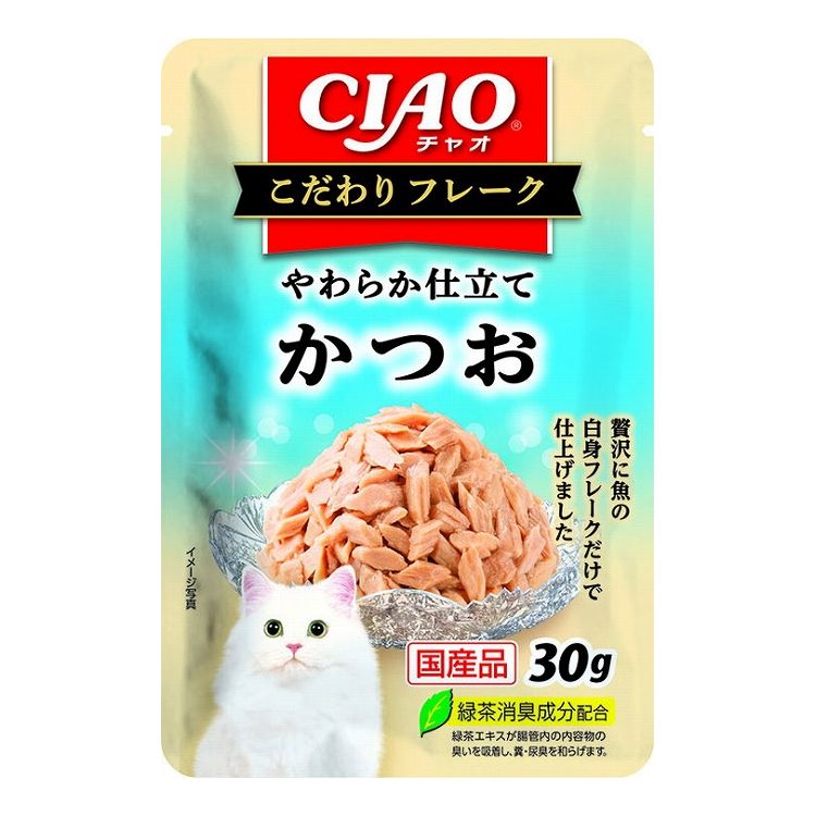 【取り寄せ品のご注意事項（ご注文前にご確認ください）】・本商品は原則注文後のキャンセルはお受けできません。・本商品と他商品で同梱注文をいただき、仮に他商品が完売等でご用意できない場合でも本商品は発送させていただきます。・本商品を複数（2点以上）注文いただき、完売等で注文数のご用意できない場合でもご用意できた数量は発送させていただきます。【商品説明】フレークタイプのミニサイズパウチ！・かつおの細かめフレークを焼津産かつおだしで仕上げ、柔らかゼリーで包みました。・緑茶消臭成分配合で、腸管内の内容物の臭いを吸着し、糞・尿臭を和らげます。●原材料(成分)かつお、かつお節エキス、糖類(オリゴ糖等)、植物性油脂、増粘多糖類、ミネラル類(Na、P、Cl)、調味料(アミノ酸)、ビタミンE、紅麹色素、緑茶エキス●賞味／使用期限(未開封)24ヶ月※仕入れ元の規定により半年以上期限の残った商品のみ出荷致します。●保存方法別途パッケージに記載●メーカー名いなばペットフード 株式会社【送料について】北海道、沖縄、離島は送料を頂きます。
