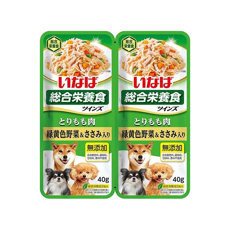 【取り寄せ品のご注意事項（ご注文前にご確認ください）】・本商品は原則注文後のキャンセルはお受けできません。・本商品と他商品で同梱注文をいただき、仮に他商品が完売等でご用意できない場合でも本商品は発送させていただきます。・本商品を複数（2点以上）注文いただき、完売等で注文数のご用意できない場合でもご用意できた数量は発送させていただきます。【商品説明】食べきりやすいサイズで使いやすい！・袋の中央から2つに分かれるレトルトパウチ・40g入りが2袋。小食のわんちゃんにも使いやすい食べきりサイズ・とりもも肉にささみと野菜を加え、ゼリーでコーティングしました。スルッと出せます。・ビタミンE配合・総合栄養食・緑茶消臭成分配合で腸管内の内容物の臭いを吸着し、糞・尿臭を和らげます。・合成着色料、調味料、甘味料、香料不使用●原材料(成分)鶏肉(もも、ささみ)、野菜(人参、かぼちゃ、グリンピース)、でん粉、寒天、大豆油、ミネラル類(Ca、Fe、Cu、Mn、Zn、I)、増粘多糖類、ビタミン類(A、D3、E、B6、葉酸、B12、コリン、ビオチン)、緑茶エキス、紅麹色素●賞味／使用期限(未開封)24ヶ月※仕入れ元の規定により半年以上期限の残った商品のみ出荷致します。●保存方法別途パッケージに記載●メーカー名いなばペットフード 株式会社【送料について】北海道、沖縄、離島は送料を頂きます。