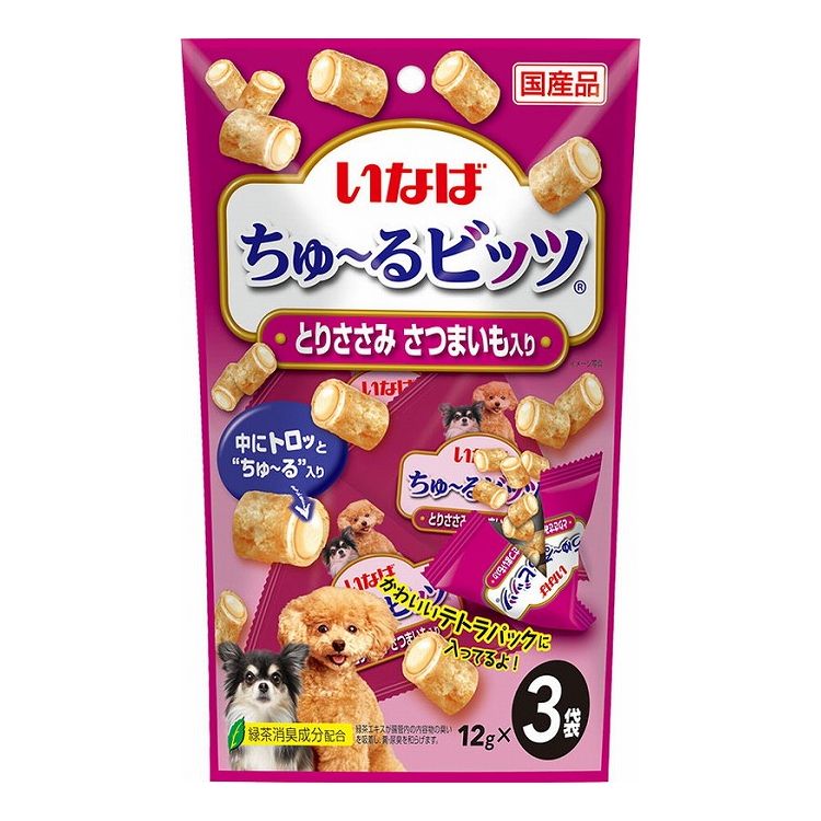 【取り寄せ品のご注意事項（ご注文前にご確認ください）】・本商品は原則注文後のキャンセルはお受けできません。・本商品と他商品で同梱注文をいただき、仮に他商品が完売等でご用意できない場合でも本商品は発送させていただきます。・本商品を複数（2点以上）注文いただき、完売等で注文数のご用意できない場合でもご用意できた数量は発送させていただきます。【商品説明】与えやすく食べやすい！・ワンちゃんとのコミュニケーションに便利な一口サイズのおやつです。・外はふっくら、中はトロッとちゅ〜るが入っているため、2つの食感が楽しめます。・与えやすく食べやすいビッツタイプ。・出しやすく、見た目もかわいいテトラパック。・緑茶消臭成分配合で、腸管内の内容物の臭いを吸着し、糞尿臭を和らげます。・保存料不使用●原材料(成分)鶏肉(ささみ)、鶏脂、かつお節、さつまいも、チキンエキス、ガラクトオリゴ糖、寒天、卵白粉末、酵母エキス、増粘安定剤(増粘多糖類、加工でん粉)、ビタミンE、紅麹色素、緑茶エキス●賞味／使用期限(未開封)24ヶ月※仕入れ元の規定により半年以上期限の残った商品のみ出荷致します。●保存方法別途パッケージに記載●メーカー名いなばペットフード 株式会社【送料について】北海道、沖縄、離島は送料を頂きます。