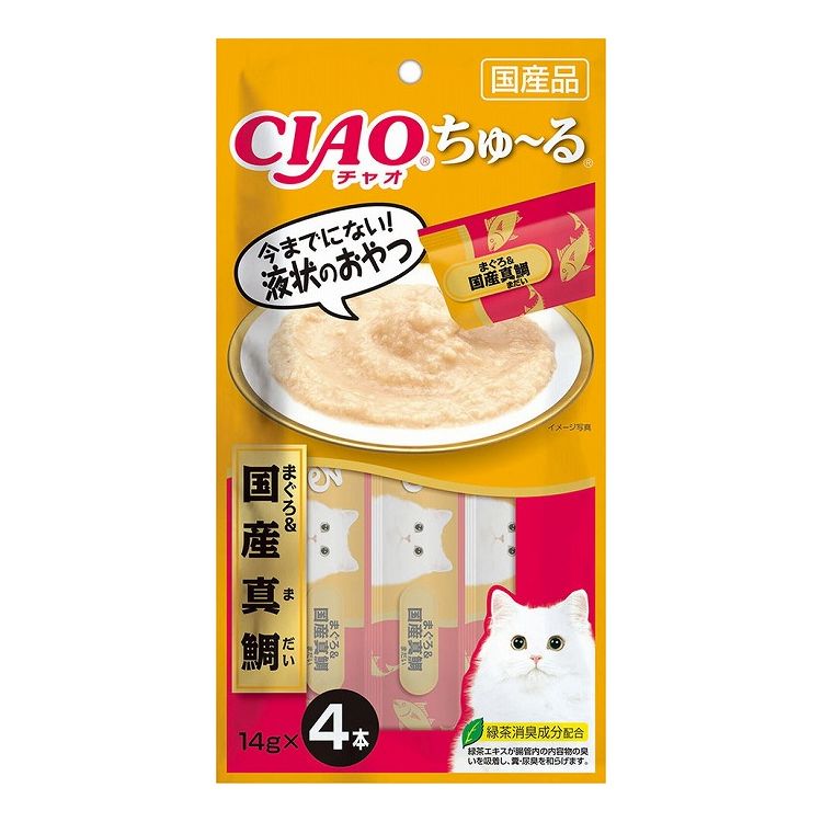 【取り寄せ品のご注意事項（ご注文前にご確認ください）】・本商品は原則注文後のキャンセルはお受けできません。・本商品と他商品で同梱注文をいただき、仮に他商品が完売等でご用意できない場合でも本商品は発送させていただきます。・本商品を複数（2点以上）注文いただき、完売等で注文数のご用意できない場合でもご用意できた数量は発送させていただきます。【商品説明】とろ〜り食べやすい液状おやつ！・一度食べたらやみつき！猫ちゃんの好きなを素材を液状にしたおやつです。・ちゅ〜っと出して、なめるだけで簡単に栄養補給。・食べきりやすい14g×4本。・緑茶消臭成分配合！緑茶エキスが腸管内の内容物の臭いを吸着し、糞尿臭を和らげます。●原材料(成分)まぐろ、真鯛、鯛エキス、糖類(オリゴ糖等)、植物性油脂、増粘安定剤(加工でん粉、増粘多糖類)、ミネラル類、調味料(アミノ酸等)、ビタミンE、紅麹色素、緑茶エキス●賞味／使用期限(未開封)24ヶ月※仕入れ元の規定により半年以上期限の残った商品のみ出荷致します。●保存方法別途パッケージに記載●メーカー名いなばペットフード 株式会社【送料について】北海道、沖縄、離島は送料を頂きます。